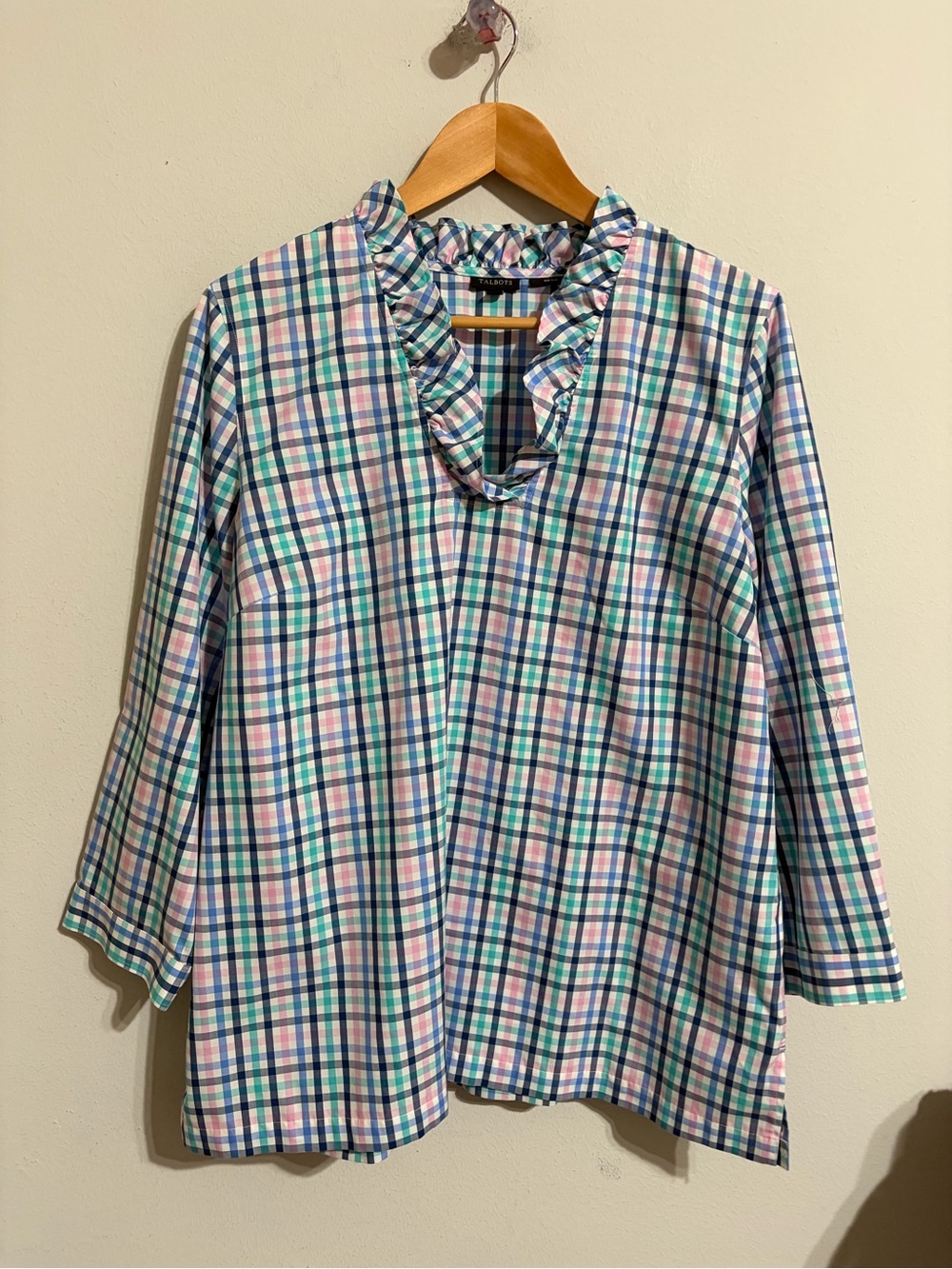 Talbots Blue Pink Plaid Ruffled Collar Tunic Gingham Popover Preppy Size 16 - Picture 4 of 8